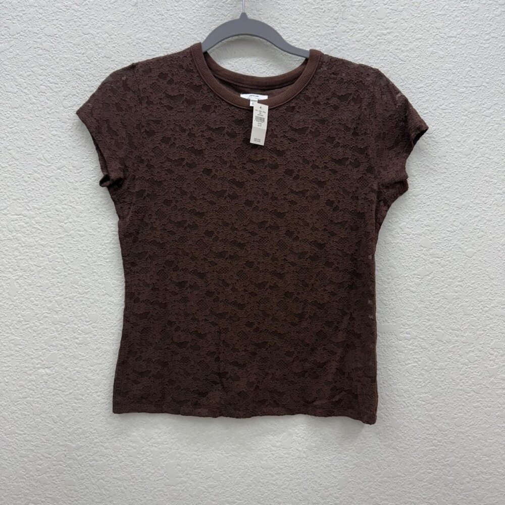 Aerie Brown Floral Lace Vintage Crewneck Short Sleeve T Shirt Womens size XS NEW